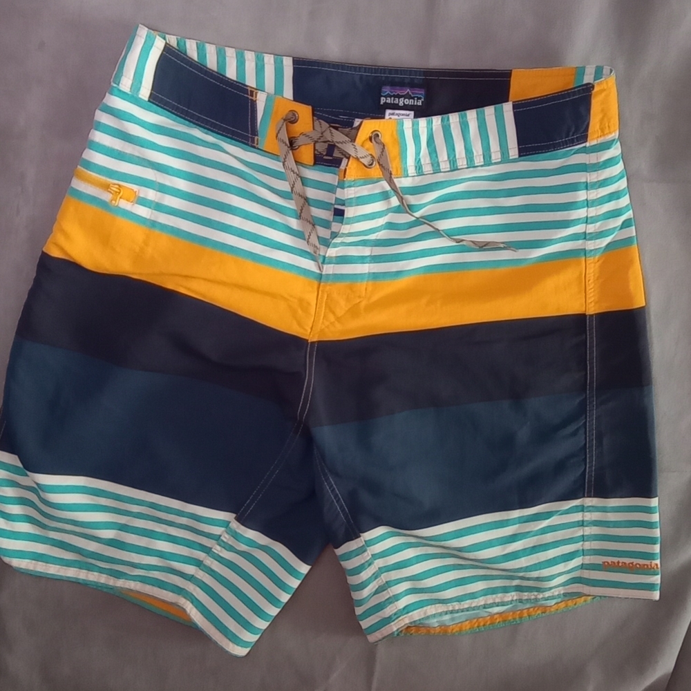 Patagonia Men's Striped Swim Shorts - Blue, Yellow, and Green